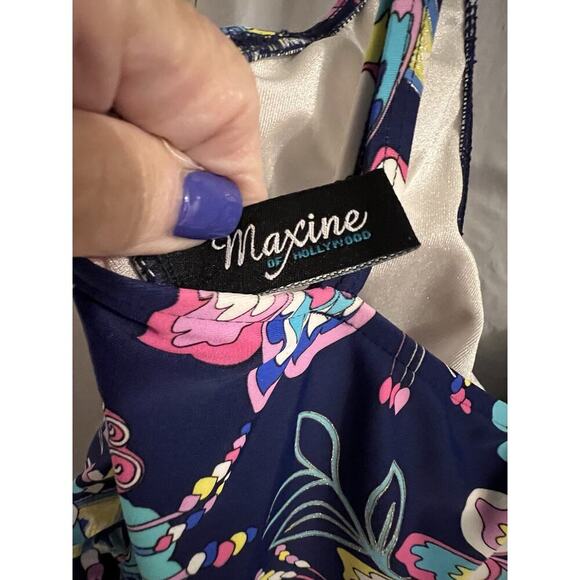 Maxine Of Hollywood Blue Floral One Piece Swimsuit Shirred Surplice Front Sz 8 - Picture 5 of 8